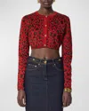 Versace Metallic Animalier Knit Crop Cardigan In Lipstick Red