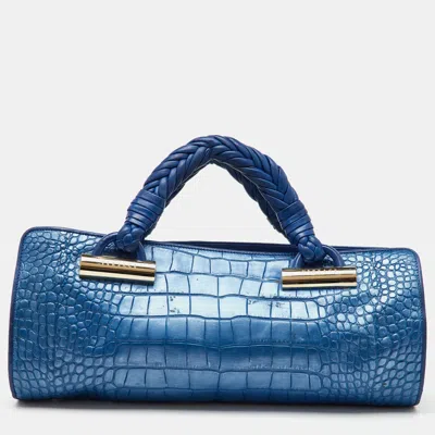 Pre-owned Versace Metallic Blue Croc Embossed Leather Frame Satchel