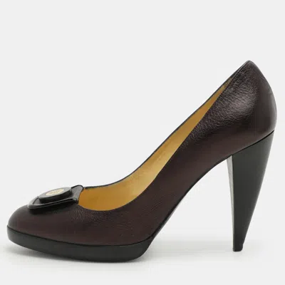 Pre-owned Versace Metallic Brown Leather Medusa Block Heel Pumps Size 37.5