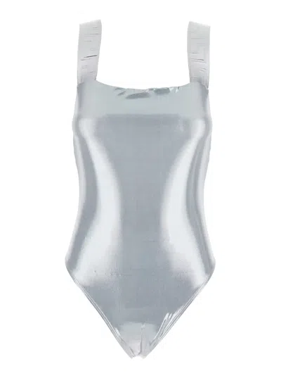 Versace Metallic Coloree One-piece Swimsuit With Greca Detail In Stretch Fabric Woman In Silver