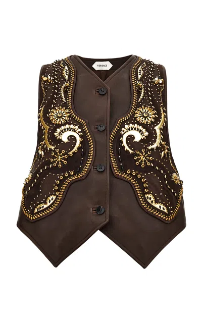 Versace Metallic-embroidered Leather Vest In Brown