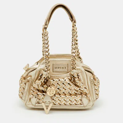 Pre-owned Versace Metallic Gold Woven Leather Chain Link Satchel