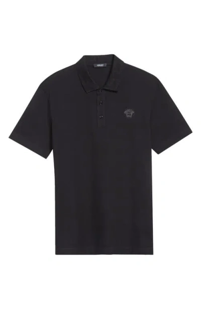 Versace Metallic Greca Collar Piqué Polo In Black