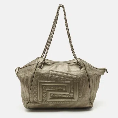 Pre-owned Versace Metallic Greca Embossed Leather Zip Chain Tote In Silver
