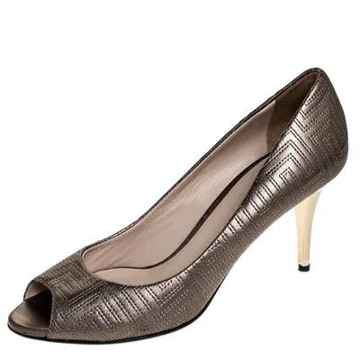 Versace Metallic Grey Embroidered Leather Peep Toe Platform Pumps In Brown