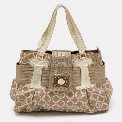 Pre-owned Versace Metallic Grey Signature Canvas And Leather Satchel In Silver