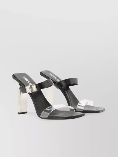 Versace Metallic Heel Leather Sandals In Black