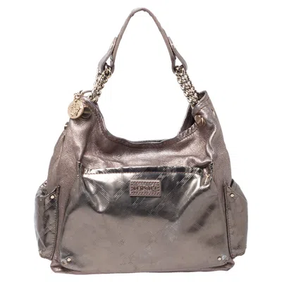 Versace Metallic Leather Pocket Shoulder Bag In Brown