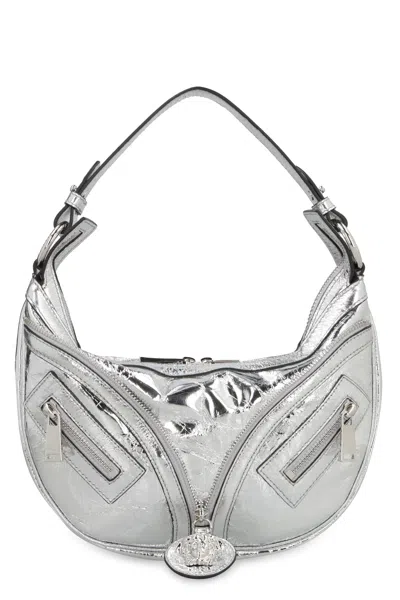 Versace Metallic Leather Shoulder Handbag With Medusa Charm And Silver-tone Hardware For Women