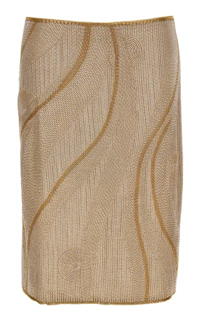 Versace Metallic Lurex Crepe De Chine Midi Skirt In Brown