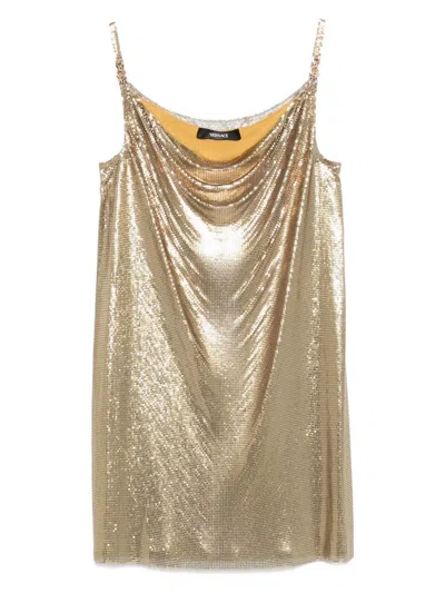 Versace Metallic Metal Knit Mini Dress In Gold