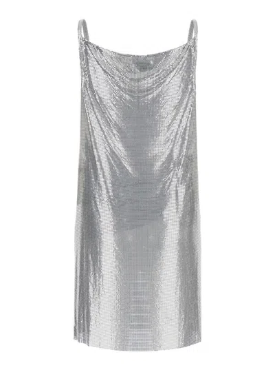 Versace Metallic Short Dress With Draped Neck In Metal Mesh Woman In Silver