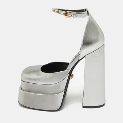 Versace Metallic Silver Lurex Fabric Medusa Aevitas Double Platform Pumps