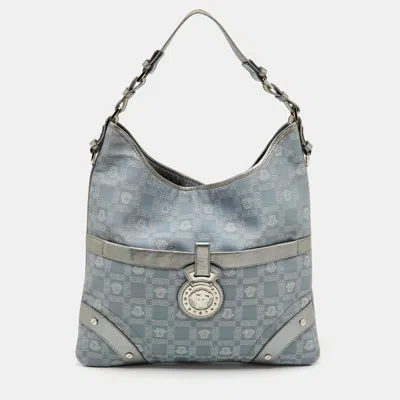 Pre-owned Versace Metallic Silver/grey Signature Canvas And Leather Medusa Trim Shoulder Bag