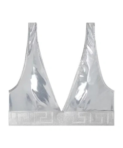 Versace Metallic Triangle Bikini Top In Silver