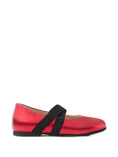 Versace Kids' Metallic-effect Crossover-strap Ballet Flats In Red