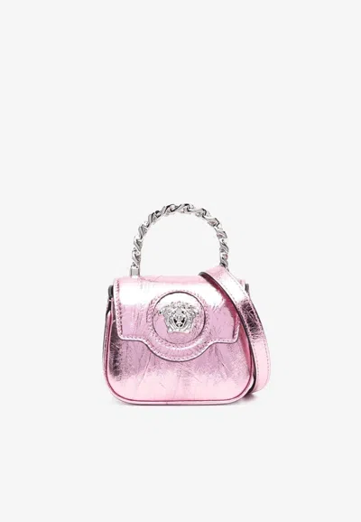 Versace Micro La Medusa Top Handle Bag In Metallic Leather In Pink