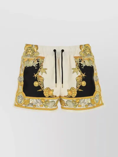 Versace Mid-length Swim Shorts With Decorative Print And Elastic Waistband In Multi