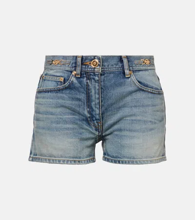 Versace Embellished Denim Shorts In Blue