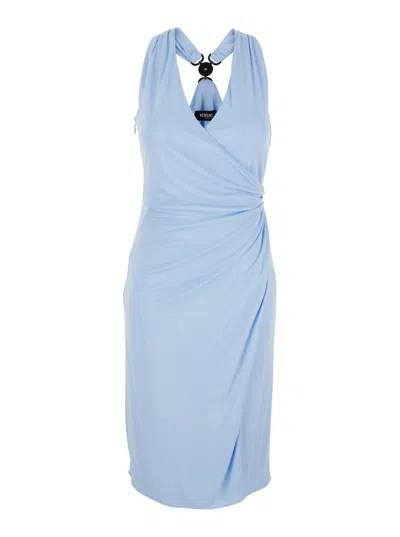 Versace Light Blue Midi Dress With V-neckline In Viscose Woman
