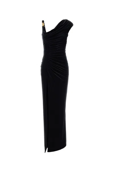 Versace Midnight Blue Stretch Velvet Long Dress In Black