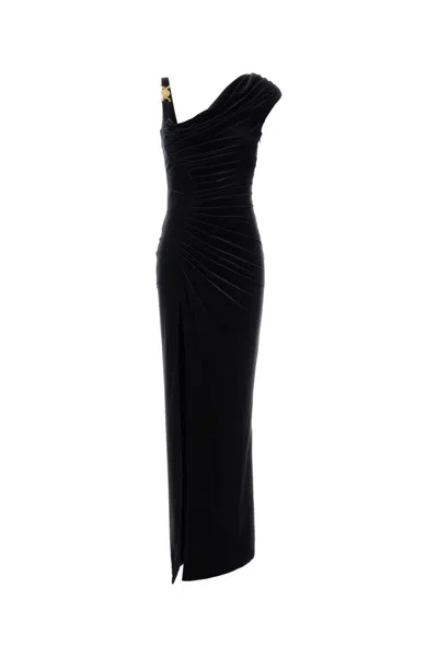 Versace Midnight Blue Stretch Velvet Long Dress In Black