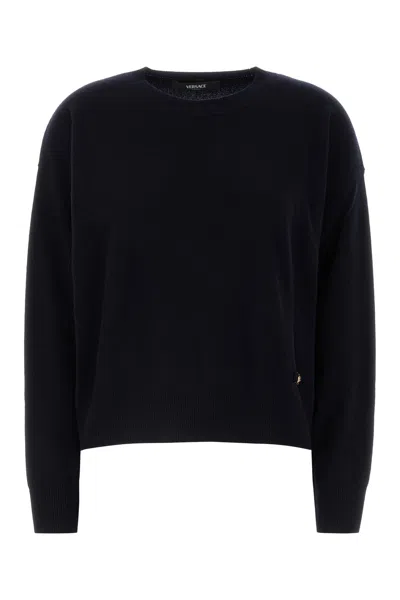 VERSACE MIDNIGHT BLUE STRETCH WOOL BLEND SWEATER