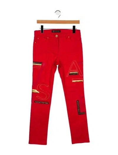 Pre-owned Versace Mid-rise Straight Leg Jeans In Red