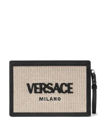 Versace Logo-embroidered Raffia Clutch Bag In Neutrals