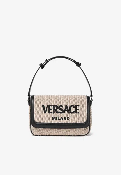Versace Milano Woven Raffia Shoulder Bag In Beige