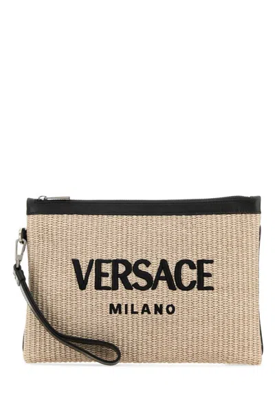 Versace Milano Zipped Clutch Bag In Beige