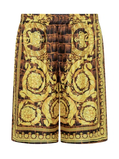 Versace Mini Baroque Shorts In Caramel-black-gold