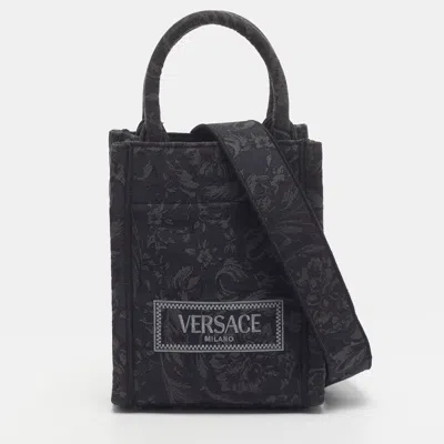 Pre-owned Versace Mini Black Embroidered Jacquard Barocco Canvas Tote