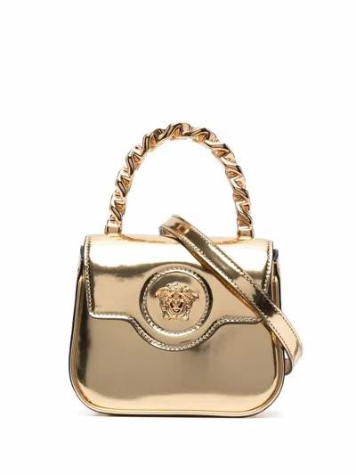 Versace La Medusa Patent Leather Mini Bag In Silver