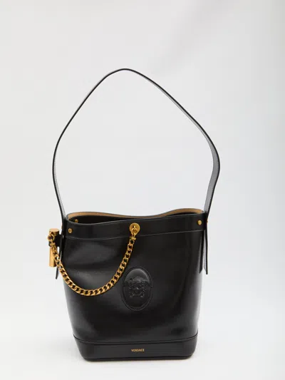 Versace Pivot Mini Leather Bucket Bag In Black