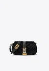 Versace Mini Greca Goddess Crystal-embellished Shoulder Bag In Velvet In Black