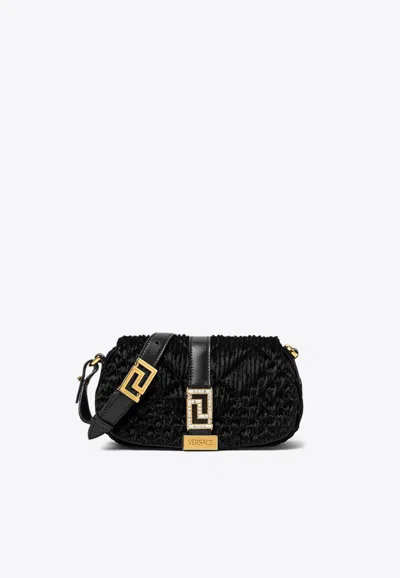 Versace Mini Greca Goddess Crystal-embellished Shoulder Bag In Velvet In Black