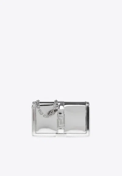 Versace Mini Greca Goddess Metallic Leather Chain Clutch In Silver