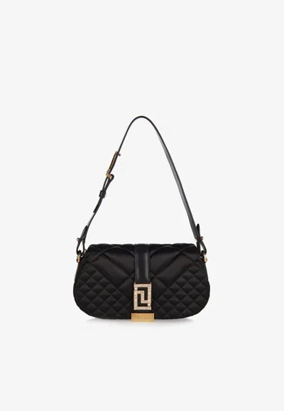 Versace Mini Greca Goddess Quilted Satin Shoulder Bag In Black