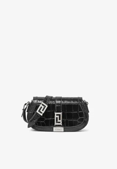 Versace Mini Greca Goddess Shoulder Bag In Croc-effect Leather In Black