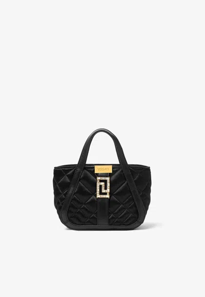 Versace Mini Greca Goddess Top Handle Bag In Quilted Satin In Black