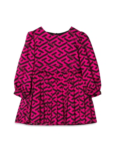 Versace Mini Greek Allover Dress For Girls In Pink