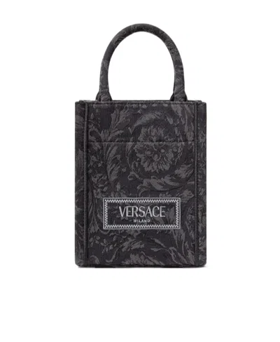 Versace Mini Logo-embroidered Jacquard Tote Bag In Black