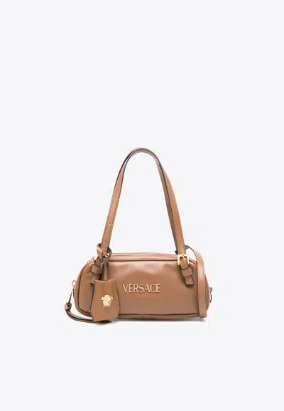 Versace Mini Logo Tag Leather Shoulder Bag In Brown