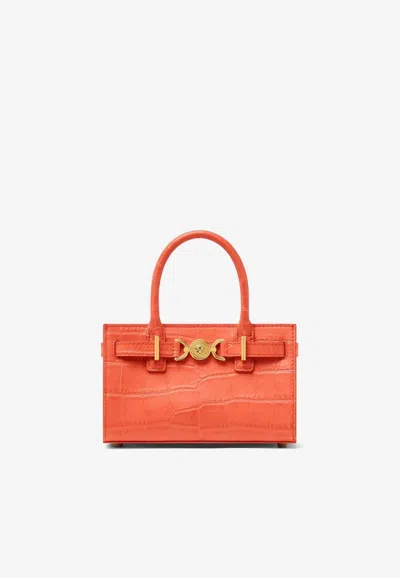 Versace Mini Medusa '95 Croc-embossed Leather Top Handle Bag In Orange