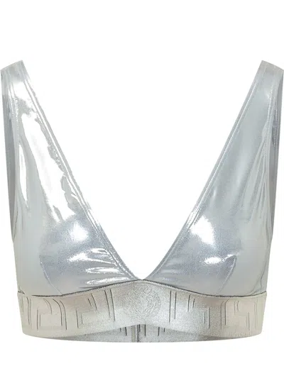 Versace Mini Metallic Bikini Top In Silver