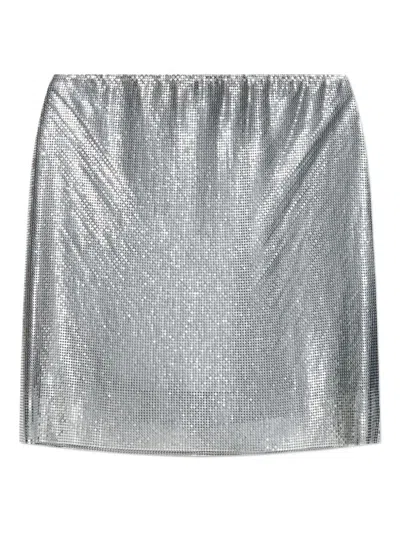 Versace Mini Metallic Silver Skirt With Mesh Overlay In Gray