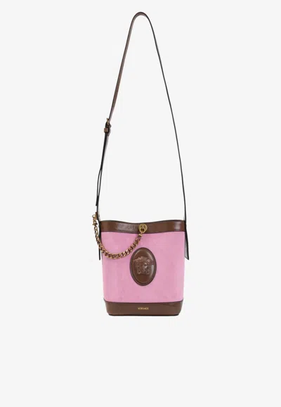 Versace Mini Pivot Bucket Bag In Leather And Suede In Pink