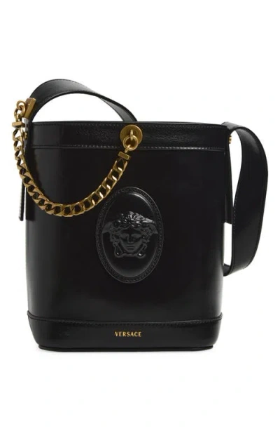 Versace Pivot Mini Leather Bucket Bag In Black
