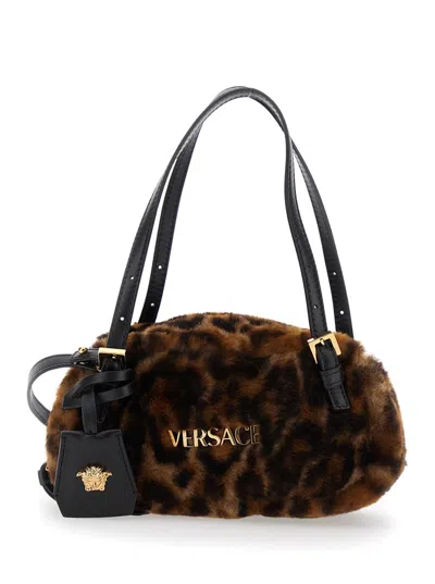 VERSACE BROWN SHOULDER BAG WITH LOGO LETTERING ON THE FRONT AND MEDUSA PLAQUE IN LEATHER AND FUR WOMAN